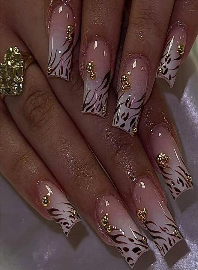 SINHOT Press on Nails - Medium Square Fake Nails, Glossy Finish, Zebra Stripes & Gold Pearls, DIY Artificial False Nail Art - 24 Pcs Nail Kit with Glue - Image 1